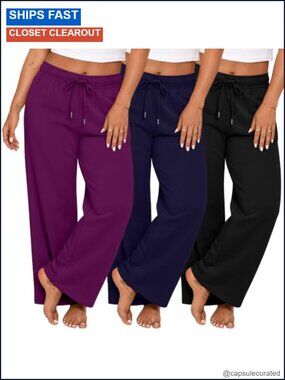 Plus Size Wide Leg Lounge Pants 3 Pack Drawstring Sweatpants with Pockets